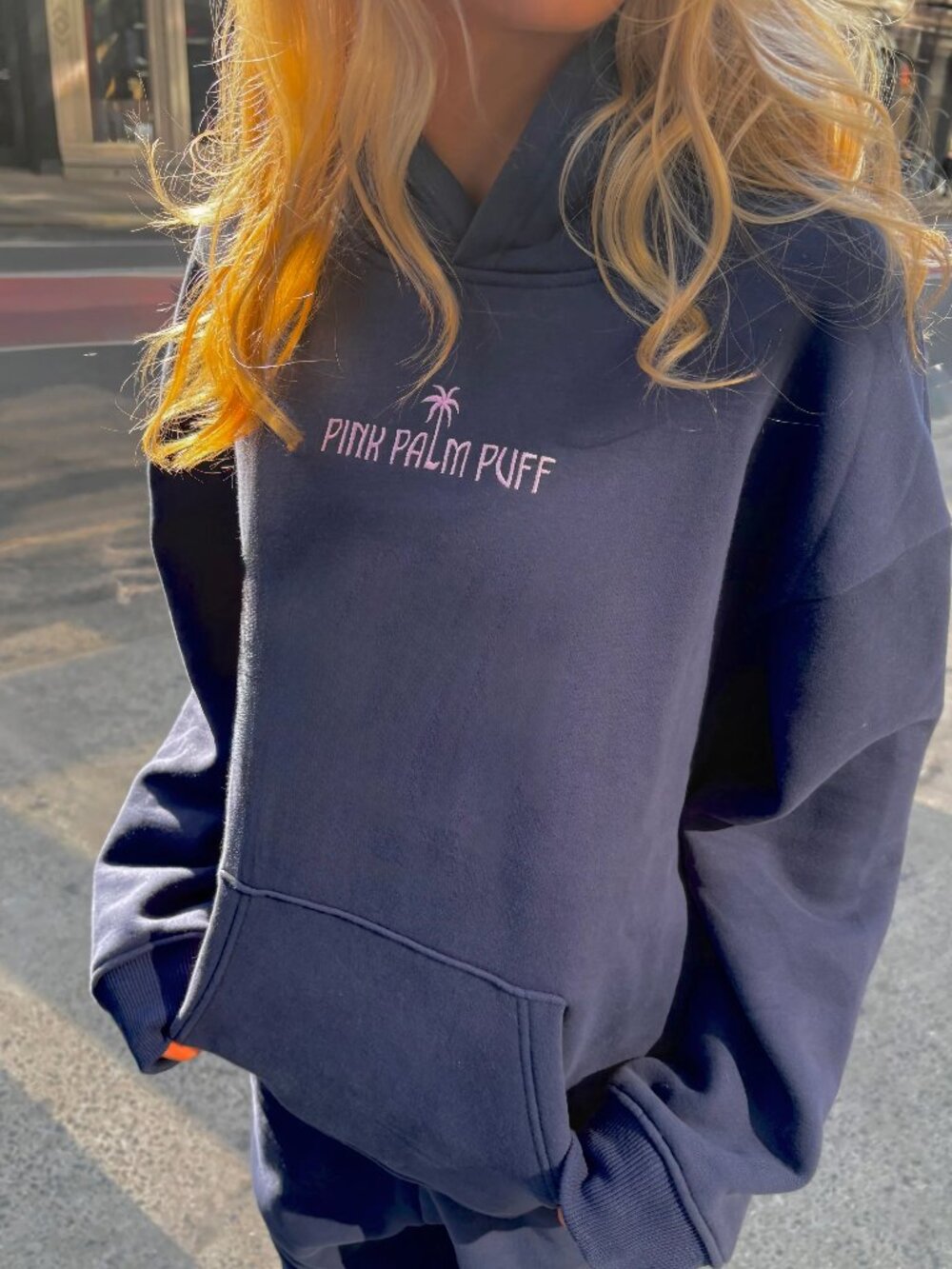 Pink Palm Puff Classic Puff Hoodie in Navy, Size X-Small